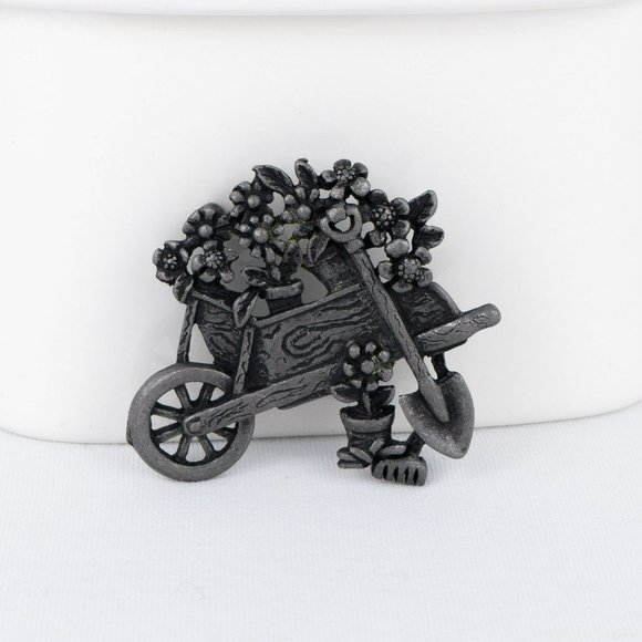 Pewter Wheelbarrow Pin Brooch Marked AJC Flowers Gardening Gardner Gift Shovel - Picture 1 of 3